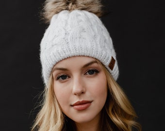 White Braided Knit Pom Hat | Fleece Lined Winter Hat | Winter Accessories | Neutral Cable Knit Hat | Women's Pom Hat | Women's Winter Hat