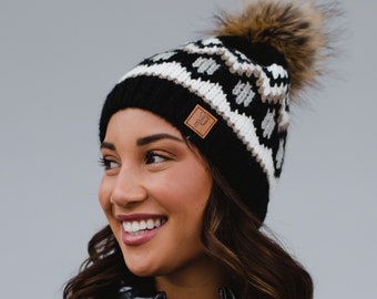 Black, White & Tan Patterned Pom Hat | Fleece Lined Pom Hat | Women's Patterned Pom Hat | Women's Winter Hat | Winter Accessories