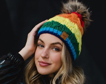 Classic Rainbow Stripe Pom Hat | Rainbow Winter Hat | Multicolored Striped Pom Hat | Fleece Lined Winter Hat | Trendy Rainbow Pom Hat