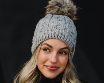 Gray Braided Knit Pom Hat | Women's Pom Hat | Neutral Pom Hat | Women's Winter Hat | Winter Accessories | Gray Cable Knit Winter Hat