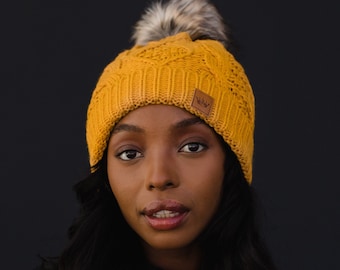 Mustard Cable Knit Pom Hat | Fleece Lined Winter Hat | Winter Accessories | Women's Pom Hat | Cable Knit Pom Hat | Women's Winter Hat