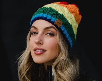 Classic Rainbow Stripe Beanie | Rainbow Winter Hat | Striped Beanie | Trendy Beanie | Multicolored Striped Beanie | Fleece Lined Beanie