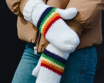 White & Rainbow Striped Mittens | Fleece Lined Mittens | Rainbow Striped Mittens | Women's Mittens | Winter Mittens | Multicolored Mittens