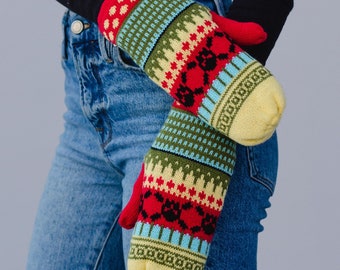 Yellow, Red & Black Patterned Knit Mittens | Fleece Lined Mittens | Women's Patterned Mittens | Skull Pattern Mittens | Winter Mittens