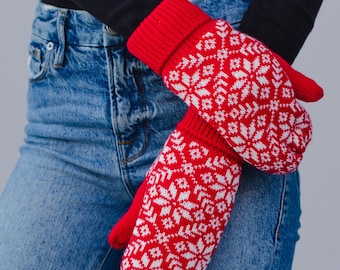 Red & White Snowflake Knit Mittens | Fleece Lined Mittens | Snowflake Pattern Mittens | Women's Mittens | Women's Winter Accessories