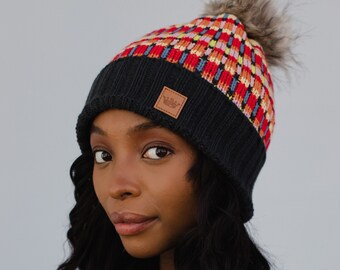 Charcoal & Multicolored Patterned Pom Hat | Fleece Lined Pom Hat | Women's Pom Hat | Multicolored Patterned Pom Hat | Women's Winter Hat