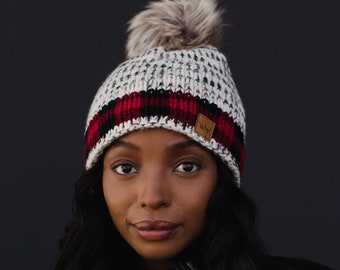 Grey Heather Pom Hat with Red Plaid Trim | Fleece Lined Pom Hat | Winter Accessories | Christmas Hat | Women's Fleece Lined Winter Hat