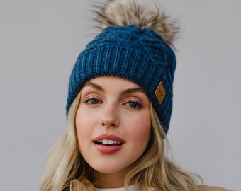 Steel Blue Cable Knit Pom Hat | Fleece Lined Winter Hat | Women's Pom Hat | Winter Accessories | Cable Knit Pom Hat | Women's Winter Hat