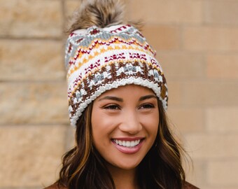 White & Multicolored Patterned Pom Hat | Fleece Lined Pom Hat | Patterned Winter Hat | Women's Pom Hat | Winter Accessories | MN Gophers