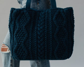 Steel Blue Cable Knit Tote | Women's Tote Bag | Cable Knit Tote Bag | Travel Tote | Weekender | Steel Blue Tote Bag | Women's Accessories
