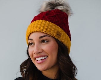 Red & Gold Trim Cable Knit Pom Hat | Fleece Lined Pom Hat | Women's Pom Hat | Faux Fur Pom Accent | School Pride | Women's Winter Hat