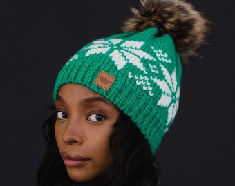 Green & White Snowflake Pom Hat | Fleece Lined Pom Hat | Snowflake Pattern Hat | Women's Pom Hat | Women's Snowflake Pom Hat