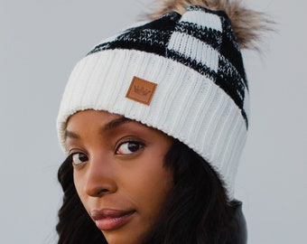 White Buffalo Plaid Pom Hat | Fleece Lined Pom Hat | Women's Winter Hat | Christmas Pom Hat | White & Black Buffalo Plaid Pom Hat