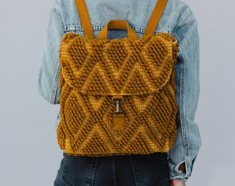 Mustard Diamond Pattern Backpack | Textured Backpack | Statement Backpack | Women's Backpack | Mustard Yellow Textured Backpack