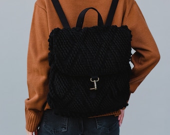 Black Diamond Pattern Backpack | Textured Backpack | Statement Backpack | Women's Backpack | Adjustable Straps | Black Textured Backpack