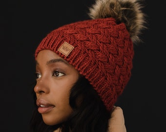 Rust Knit Pom Hat | Fleece Lined Pom Hat | Women's Pom Hat | Winter Accessories | Faux Fur Pom Accent | Women's Winter Pom Hat