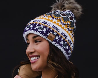 White, Purple & Gold Patterned Pom Hat | Fleece Lined Pom Hat | Minnesota Vikings Winter Hat | Women's Pom Hat | Patterned Winter Hat