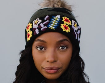 Luxe Green Camo with Floral Pattern Cuff Pom Hat | Hand Stitched Embroidered Hat | Trendy Winter Hat | Camo Pom Hat | Floral Embroidery