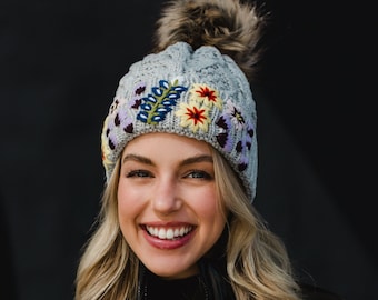 Luxe Gray with Floral Pattern Cuff Pom Hat | Women's Pom Hat | Winter Accessories | Hand Stitched Pom Hat | Light Gray Winter Hat