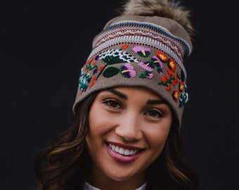 Luxe Tan Patterned with Floral Pattern Cuff Pom Hat | Embroidered Pom Hat | Floral Embroidery Pom Hat | Women's Embroidered Pom Hat