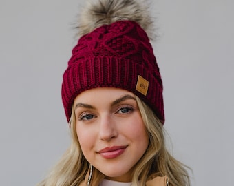 Burgundy Cable Knit Pom Hat | Fleece Lined Pom Hat | Women's Pom Hat | Women's Winter Hat | Christmas Hat | Winter Accessories