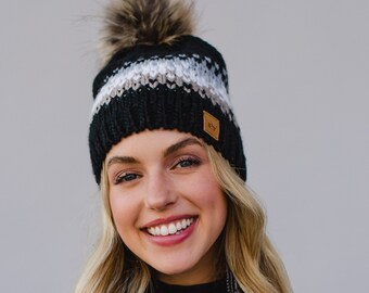 Black, Gray, White & Tan Patterned Pom Hat | Fleece Lined Pom Hat | Women's Pom Hat | Women's Winter Hat | Patterned Winter Hat