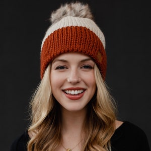 Beige & Rust Color Block Pom Hat Winter Pom Hat Color Block Pom Hat Faux Fur Pom Accent Neutral Pom Hat Women's Winter Hat image 1