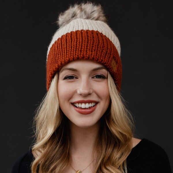 Beige & Rust Color Block Pom Hat | Winter Pom Hat | Color Block Pom Hat | Faux Fur Pom Accent | Neutral Pom Hat | Women's Winter Hat