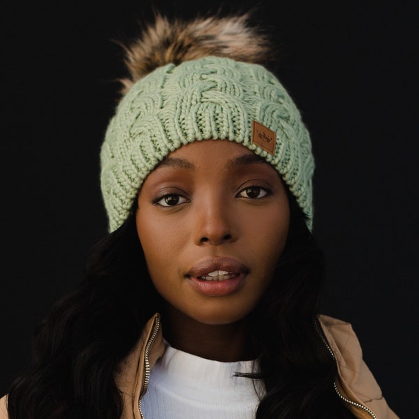 Mint Braided Knit Pom Hat | Women's Winter Hat | Fleece Lined Pom Hat | Winter Accessories | Mint Cable Knit Pom Hat | Women's Pom Hat