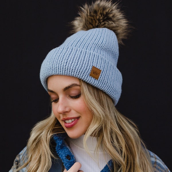 Light Blue Cable Knit Pom Hat | Fleece Lined Pom Hat | Women's Pom Hat | Pastel Pom Hat | Women's Winter Hat | Winter Accessories