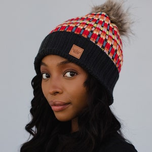 Charcoal & Multicolored Patterned Pom Hat | Fleece Lined Pom Hat | Women's Pom Hat | Multicolored Patterned Pom Hat | Women's Winter Hat
