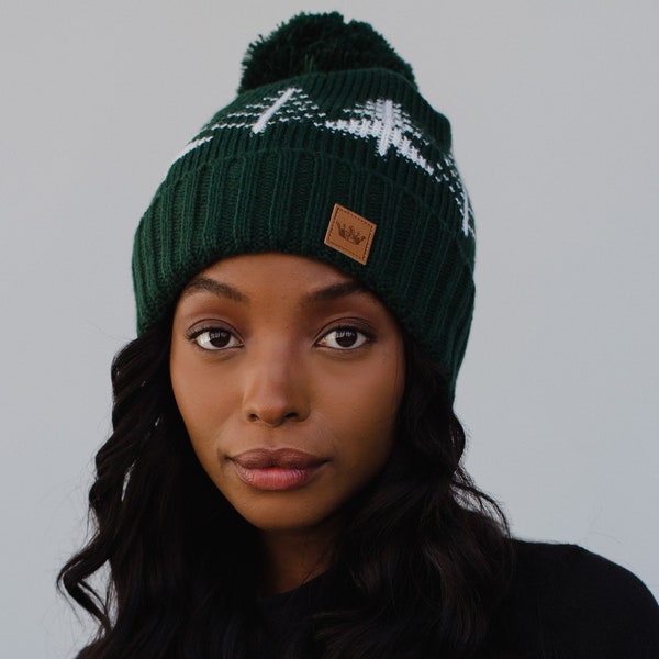 Green with White Trees Pom Hat | Winter Patter Pom Hat | Fleece Lined Winter Hat | Winter Accessories | Women's Christmas Pom Hat