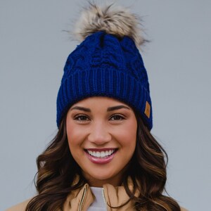 Royal Blue Cable Knit Pom Hat | Fleece Lined Winter Hat | Women's Pom Hat | Women's Pom Hat | Winter Accessories | Colorful Pom Hat