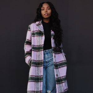 Purple, Green & Tan Plaid Coat Women's Long Plaid Coat Women's Long Plaid Jacket Winter Coat Fully Lined Coat Statement Coat image 1