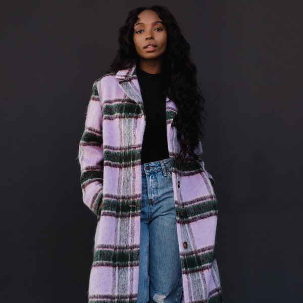 Purple, Green & Tan Plaid Coat | Women's Long Plaid Coat | Women's Long Plaid Jacket | Winter Coat | Fully Lined Coat | Statement Coat