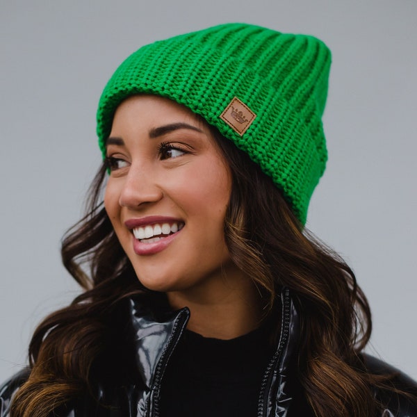 Bright Green Knit Beanie | Fleece Lined Knit Beanie | Colorful Knit Beanie | Trendy Beanie | Women's Beanie | Women's Winter Hat