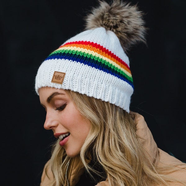 White & Rainbow Striped Pom Hat | Fleece Lined Pom Hat | Women's Pom Hat | Colorful Pom Hat | Women's Winter Hat | Rainbow Pom Hat