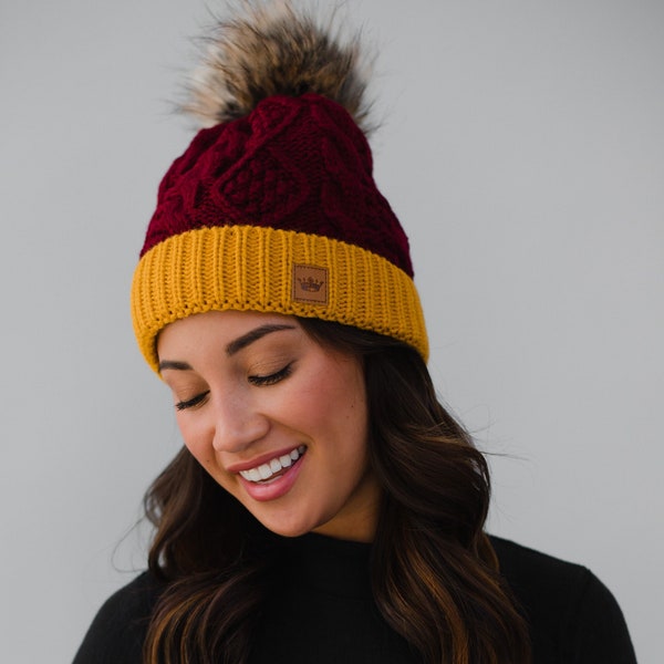 Maroon & Gold Trim Cable Knit Pom Hat | Fleece Lined Pom Hat | Cuffed Winter Hat | School Pride | College Winter Hat | Faux Fur Pom Accent