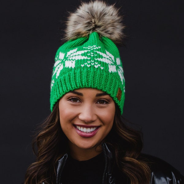 Bright Green & White Snowflake Pom Hat | Fleece Lined Pom Hat | Snowflake Pattern | Women's Pom Hat | Women's Winter Hat | Winter Accessory