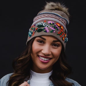 Luxe Tan Patterned with Floral Pattern Cuff Pom Hat | Embroidered Pom Hat | Floral Embroidery Pom Hat | Women's Embroidered Pom Hat