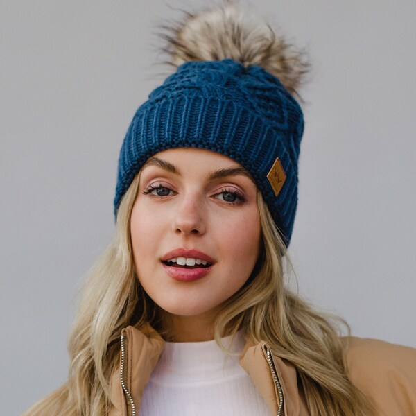 Steel Blue Cable Knit Pom Hat | Fleece Lined Winter Hat | Women's Pom Hat | Winter Accessories | Cable Knit Pom Hat | Women's Winter Hat