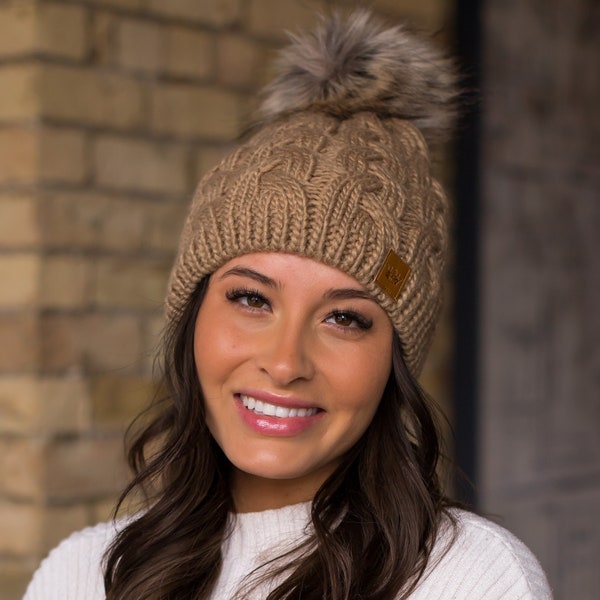 Tan Braided Knit Pom Hat | Fleece Lined Pom Hat | Neutral Pom Hat | Braided Knit Pom Hat | Women's Winter Hat | Winter Accessories