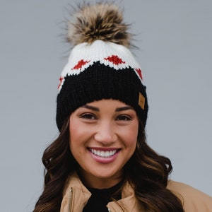 White, Rust & Black Patterned Pom Hat Women's Pom Hat Women's Winter Hat Fleece Lined Pom Hat Patterned Winter Hat image 1