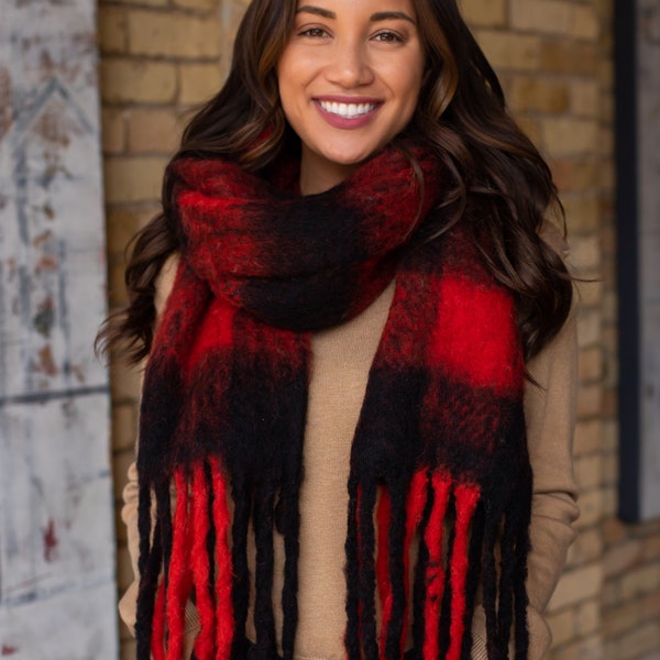 Red Plaid Long Scarf with Fringe | Cozy Plaid Scarf | Christmas Scarf | Scarf with Fringe Detail | Red & Black Plaid Long Scarf