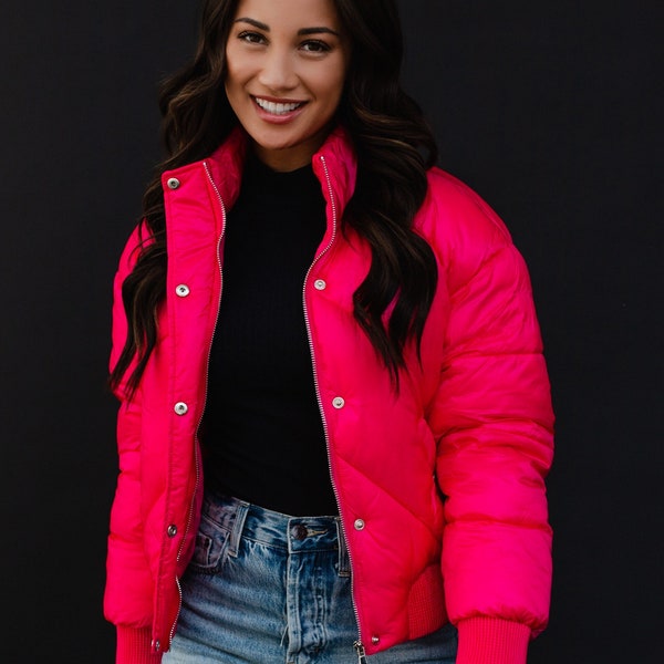 Bright Pink Cropped Jacket | Pink Puffer Jacket | Trendy Jacket | Winter Jacket | Magenta Puffer Jacket | Colorful Puffer Jacket