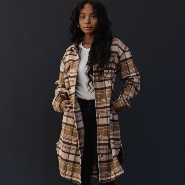 Tan, Rust & Brown Plaid Long Flannel | Women's Plaid Long Shacket | Neutral Long Shacket | Neutral Long Jacket | Fall Long Shacket