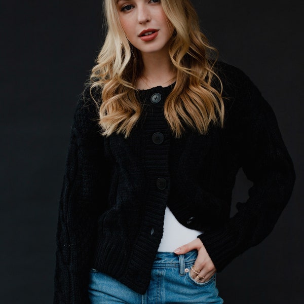 Black Button Up Cardigan | Black Cardigan | Women's Button Up Cardigan | Cropped Cardigan | Winter Cardigan | Cable Knit Cardigan