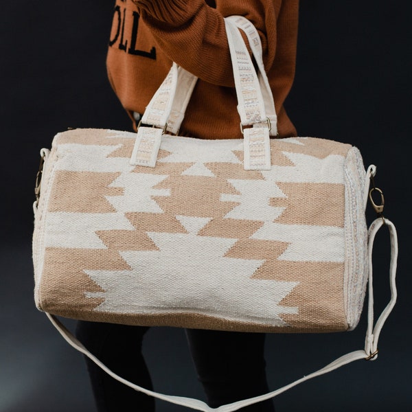 Tan & Cream Aztec Duffel Bag | Aztec Inspired Duffel Bag | Neutral Duffel Bag | Travel Bag | Weekender Bag | Western Duffel Bag