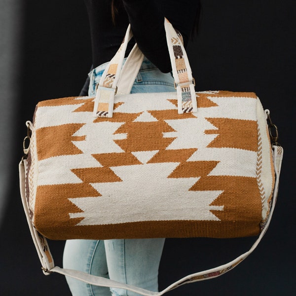 Light Brown & Cream Aztec Duffel Bag | Neutral Duffel Bag | Travel Bag | Aztec Inspired Duffel Bag | Weekender Bag | Western Duffel Bag