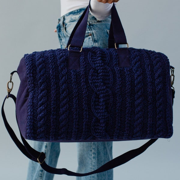 Navy Cable Knit Duffel | Women's Duffel Bag | Travel Bag | Weekender | Removable Strap | Knit Duffel Bag | Navy Cable Knit Duffel Bag
